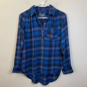 Anthropologie Plaid Blue Isadora Button Back Hi-Low Tunic Top Blouse.  Size XS